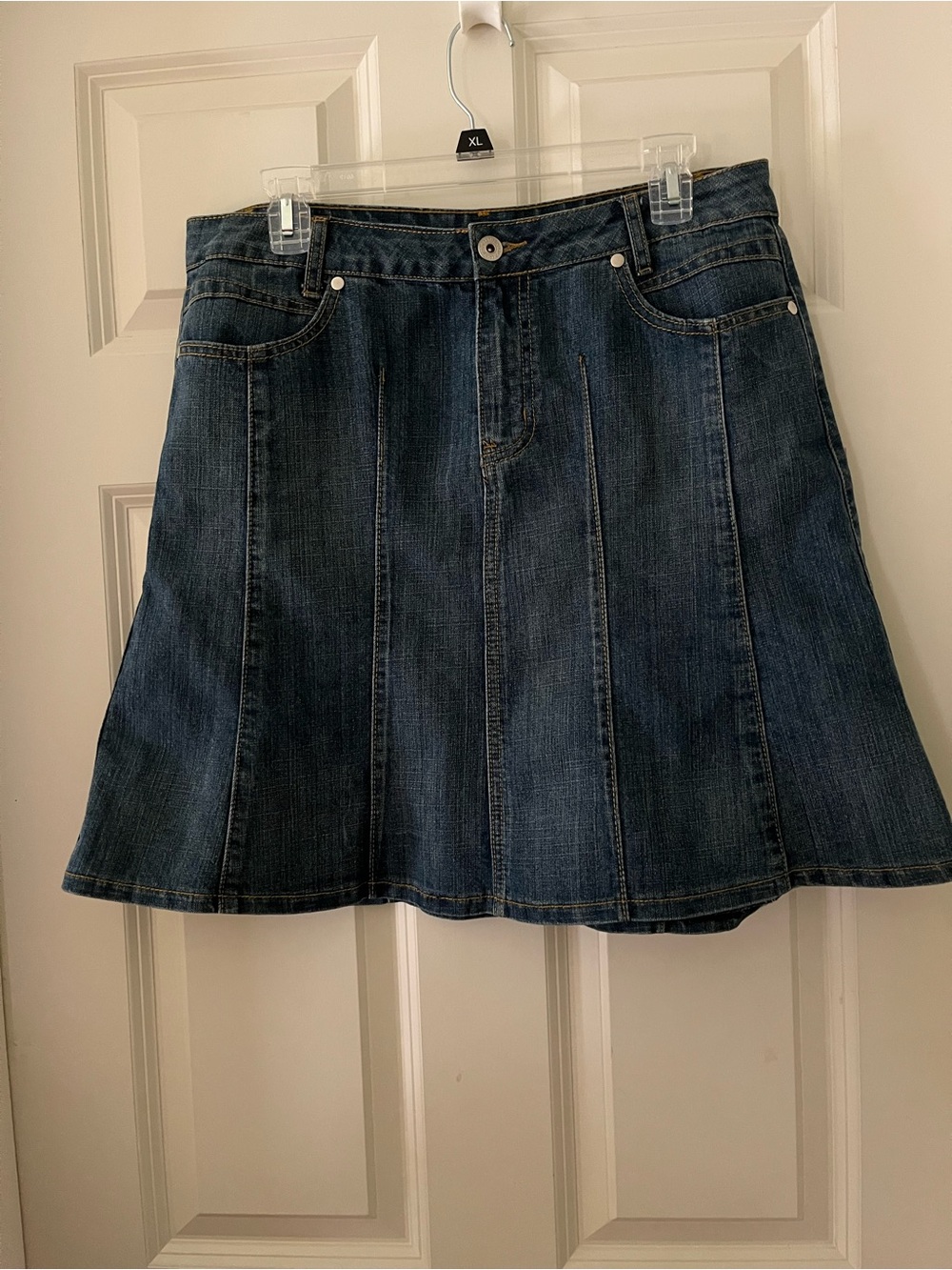 Vintage Y2K Petite Sophisticate Seamed Jean Skirt Flare Dark Wash Blue size 12P